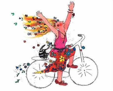 Barbro Andréns glada cykeltjej. Men jag har tre hjul och hund, inte katt!
